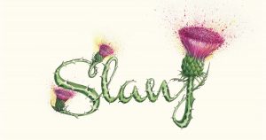 Slanj a drawing by by Cat Lawson. A thistle forms the word slanj with explosive colours bursting out of the thistle head.