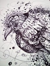 Line drawing, using detailed swirls and abstract shapes of a bird head wearing a king's cloak