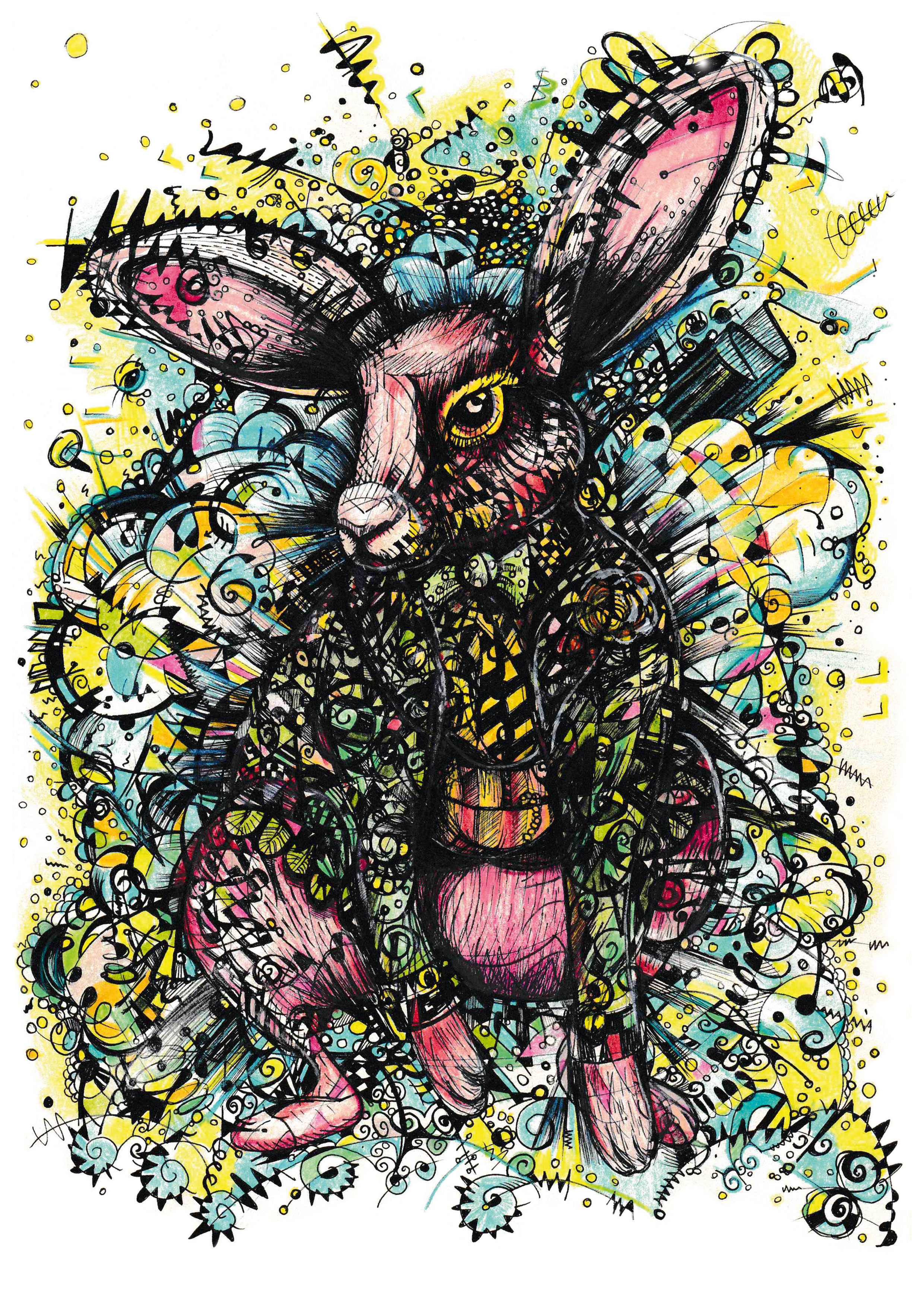 A colourful, patterned drawing of a pink rabbit wearing a waistcoat with a vibrant swirls in the background. © Cat Lawson 2013