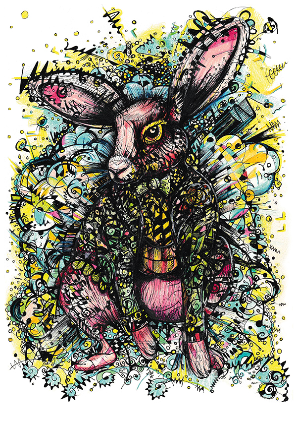 A colourful, patterned drawing of a pink rabbit wearing a waistcoat with a vibrant swirls in the background. © Cat Lawson 2013