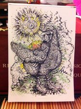 In progress drawing of chicken showing some yello and orange colour on the line drawing