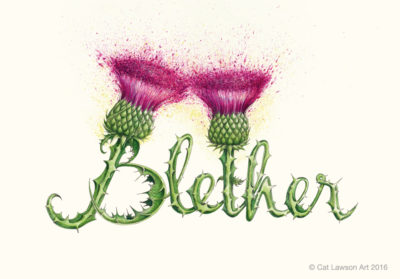 Illustration of the word 'Blether' comprised of two thistles