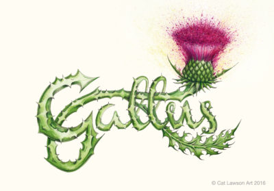 Illustration of the word 'Gallus' formed by a thistle