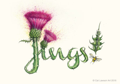 Illustration of the word 'Jings' formed by thistles with a bee flying towards leaf