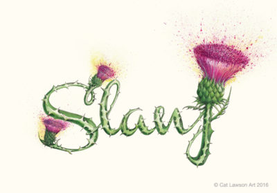 Illustration of the word 'Slanj' formed by thistles