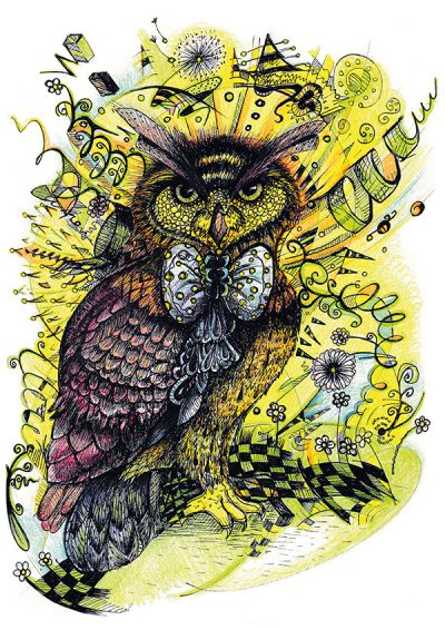 A colourful, patterned drawing of a owl wearing a bow tie. © Cat Lawson 2013