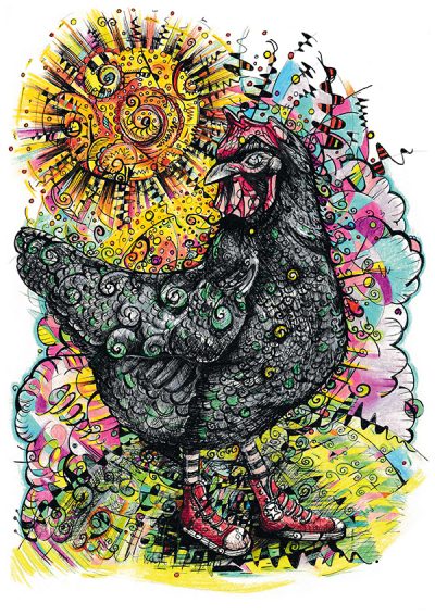 A colourful, patterned drawing of a black chicken with a vibrant swirly sun in the background. © Cat Lawson 2013