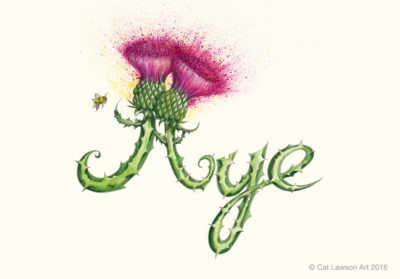 Illustration of the word 'Aye' formed by thistles with a bee in background
